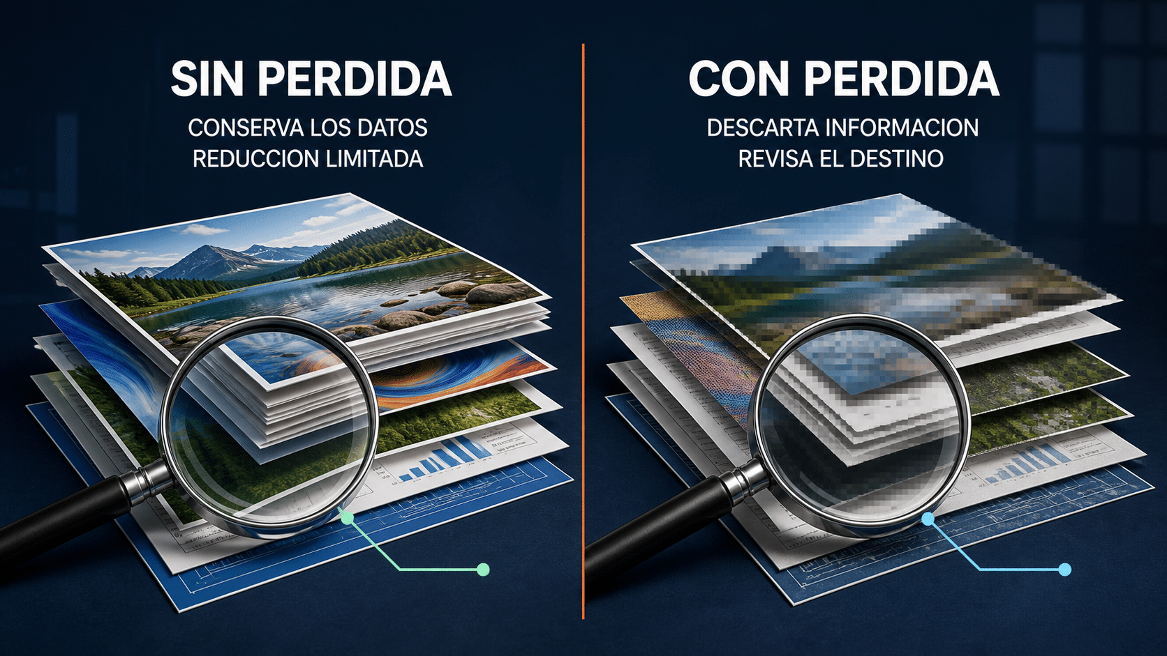 Comparación conceptual entre compresión PDF sin pérdida y con pérdida