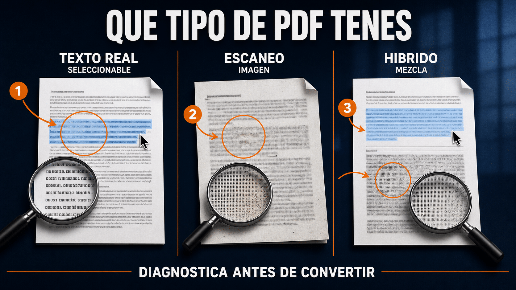 Comparación entre PDF con texto, PDF escaneado y PDF híbrido antes de convertir a Word