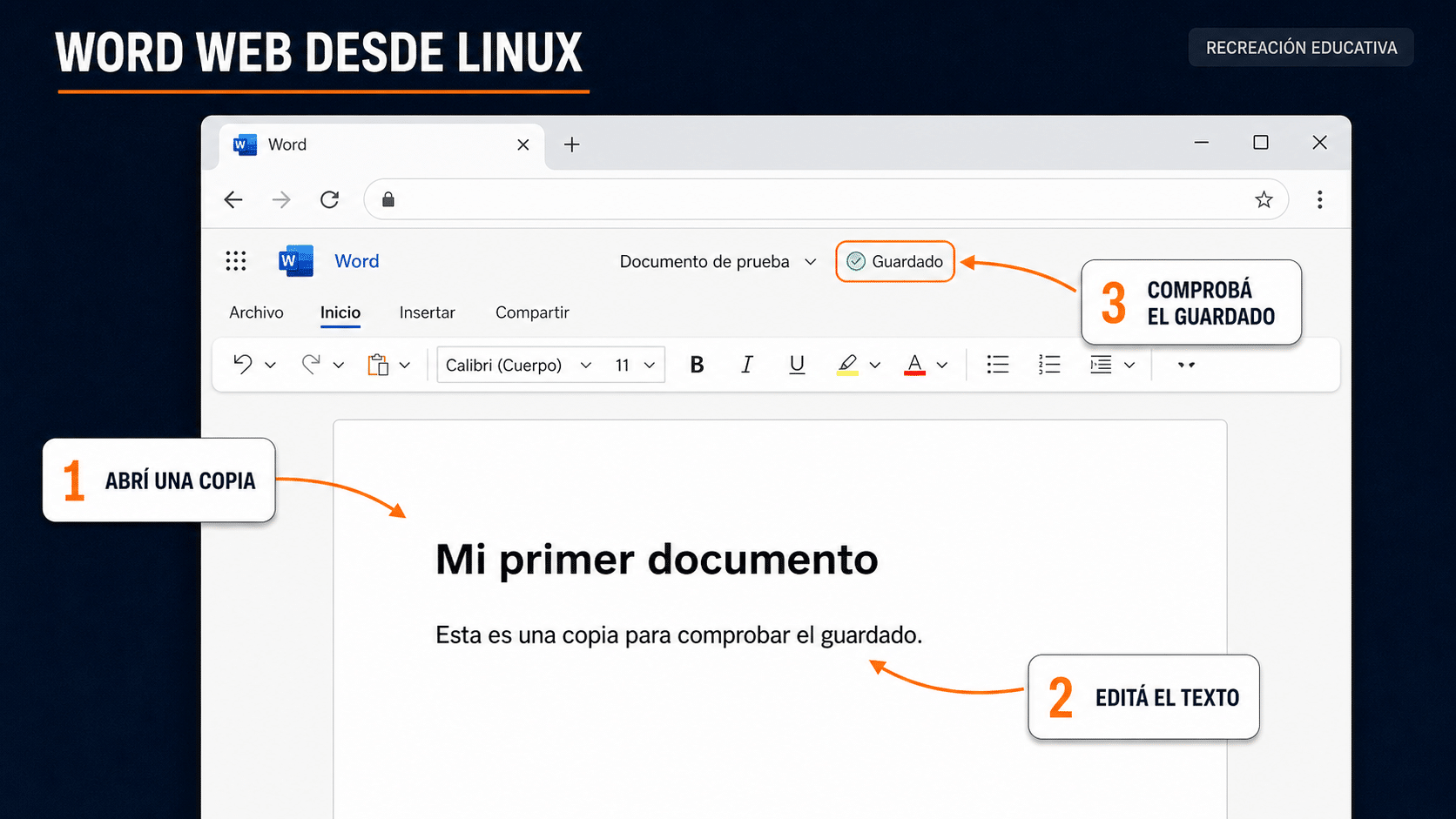 Word web en Linux: abrir una copia, editar y comprobar el guardado
