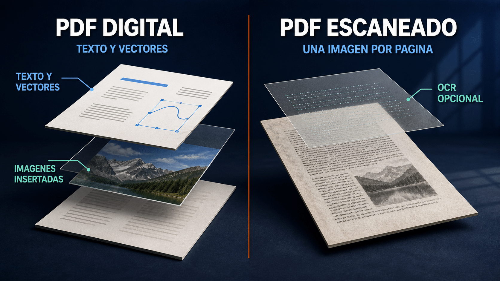 Comparación de la estructura de un PDF digital y un PDF escaneado