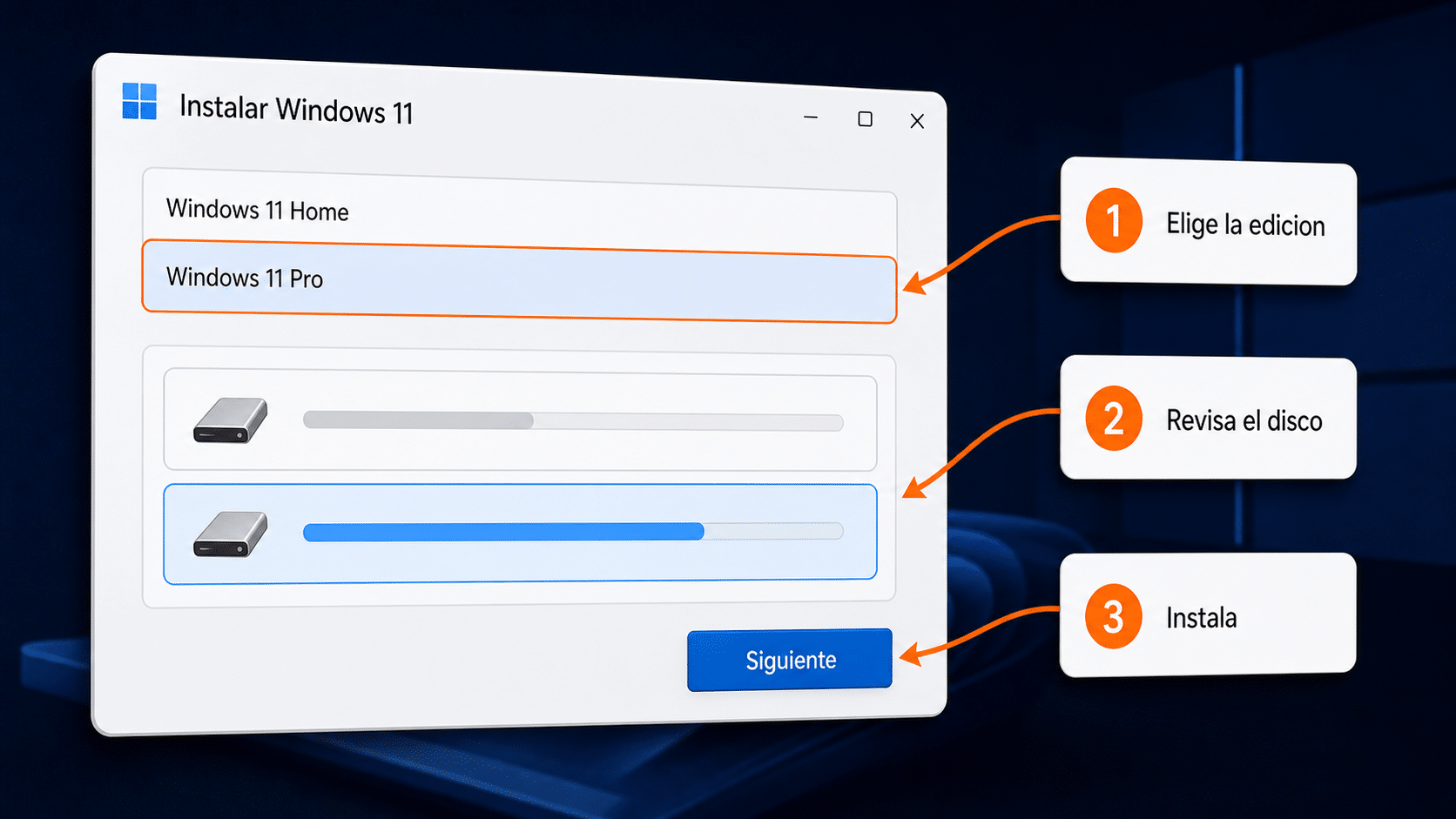 Instalador de Windows 11 con edición y disco correctos resaltados