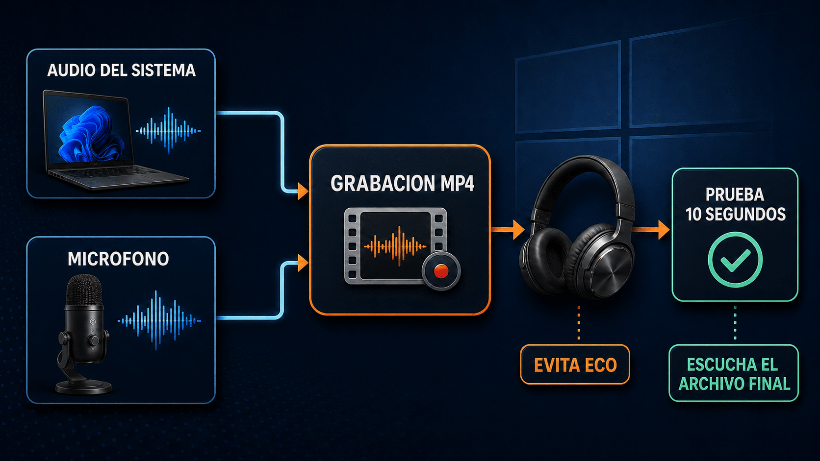 Diagrama del audio del sistema y el micrófono hacia una grabación de pantalla en Windows 11