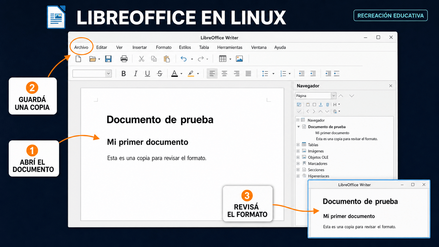 LibreOffice Writer en Linux con revisión del documento y guardado de una copia