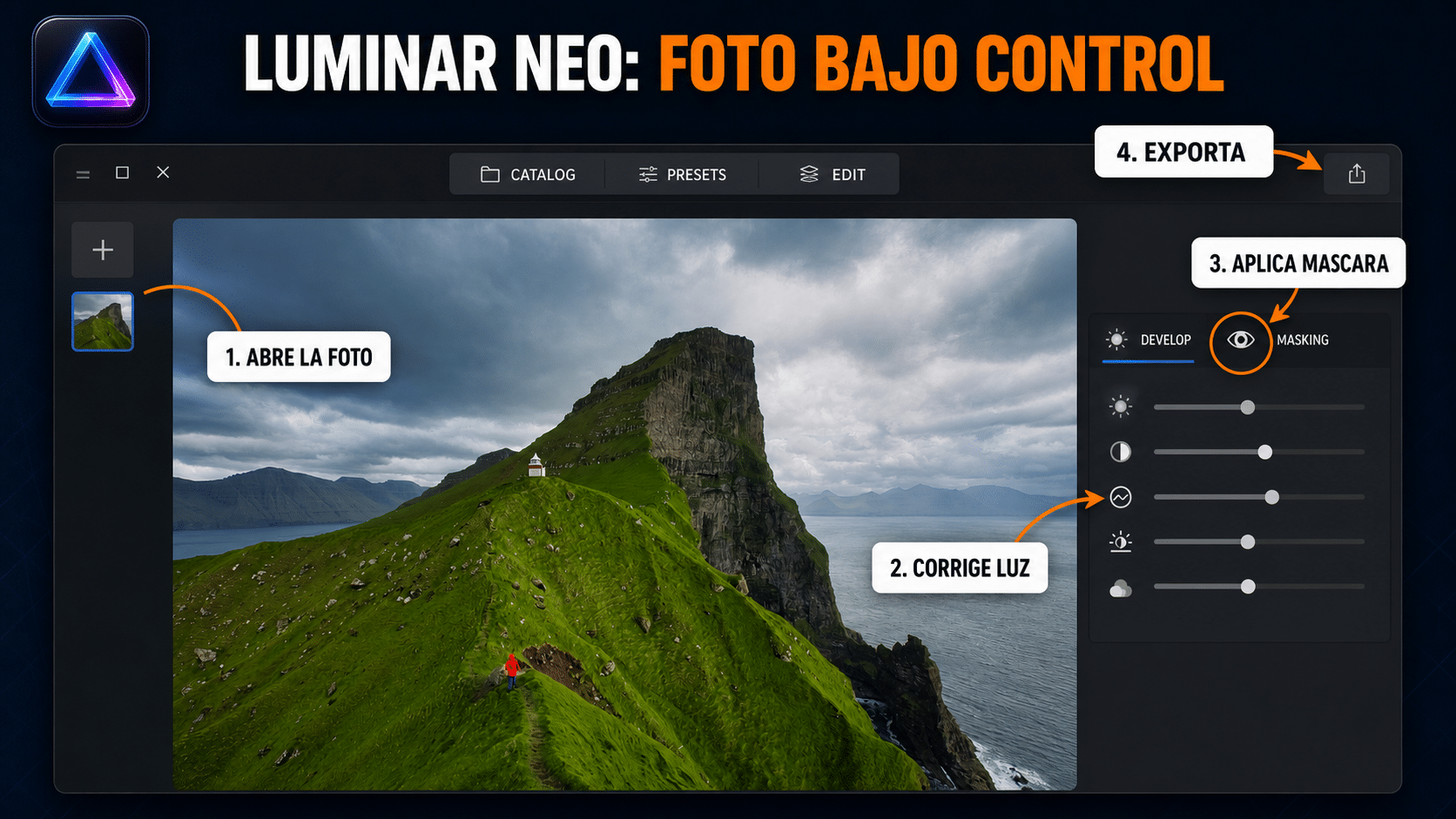 Interfaz de Luminar Neo con Develop, máscara, recorte y exportación