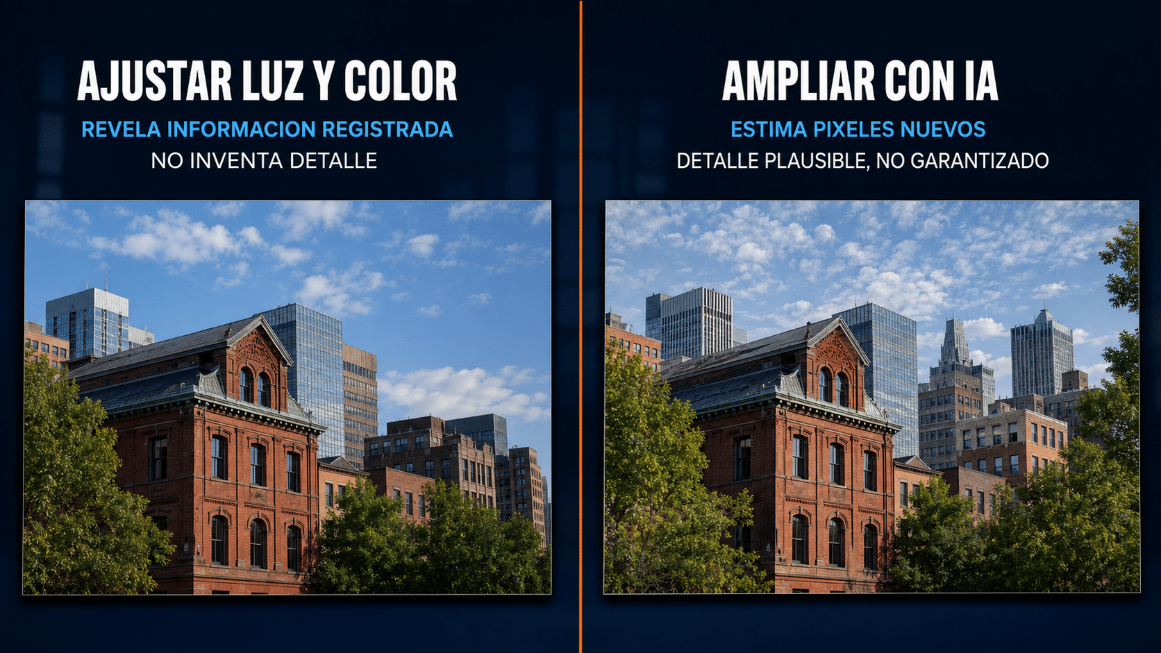 Comparación entre ajustar luz y color y ampliar una imagen con inteligencia artificial