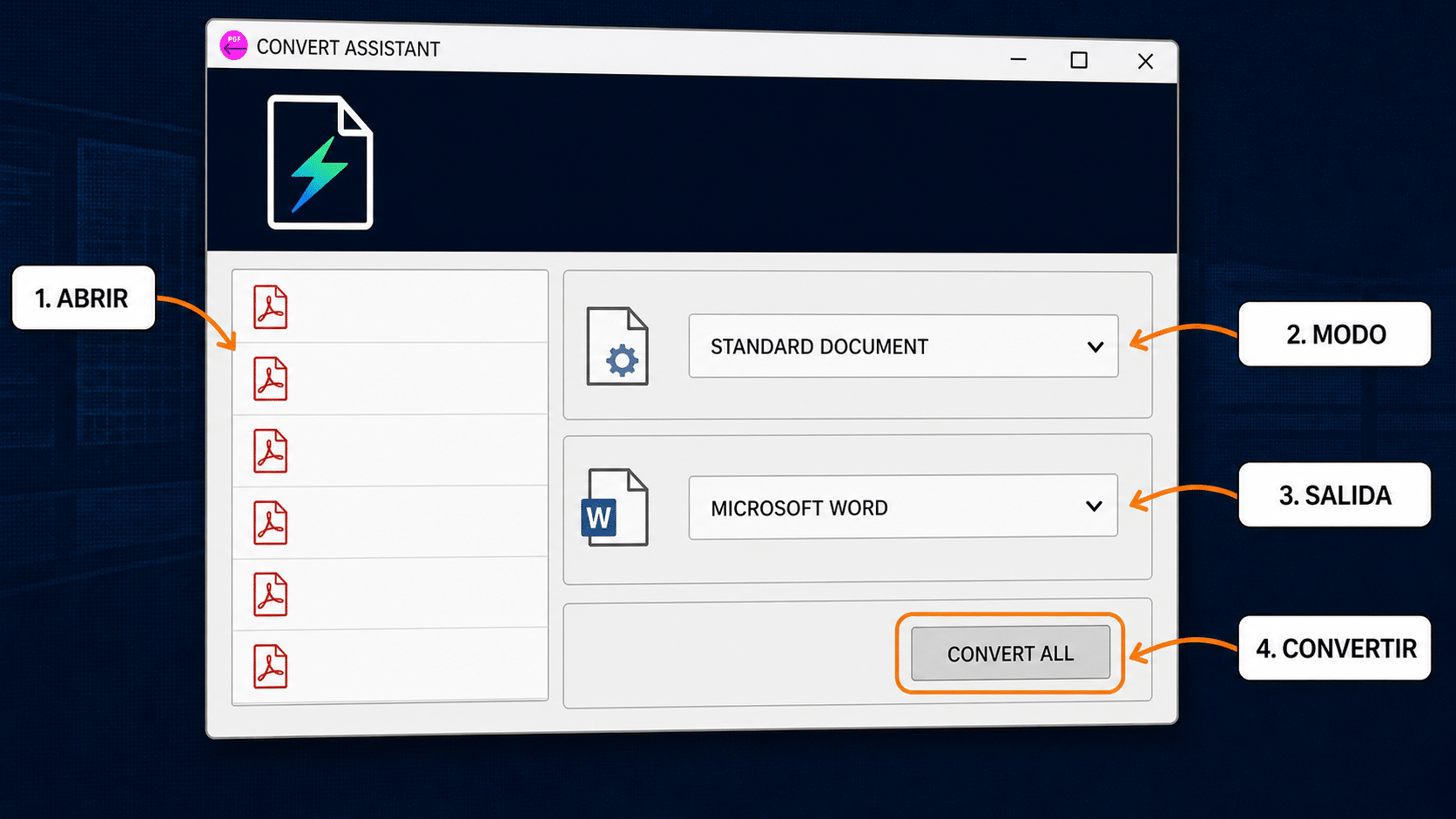 Flujo de Convert Assistant en Nuance Power PDF para convertir PDF a Microsoft Word