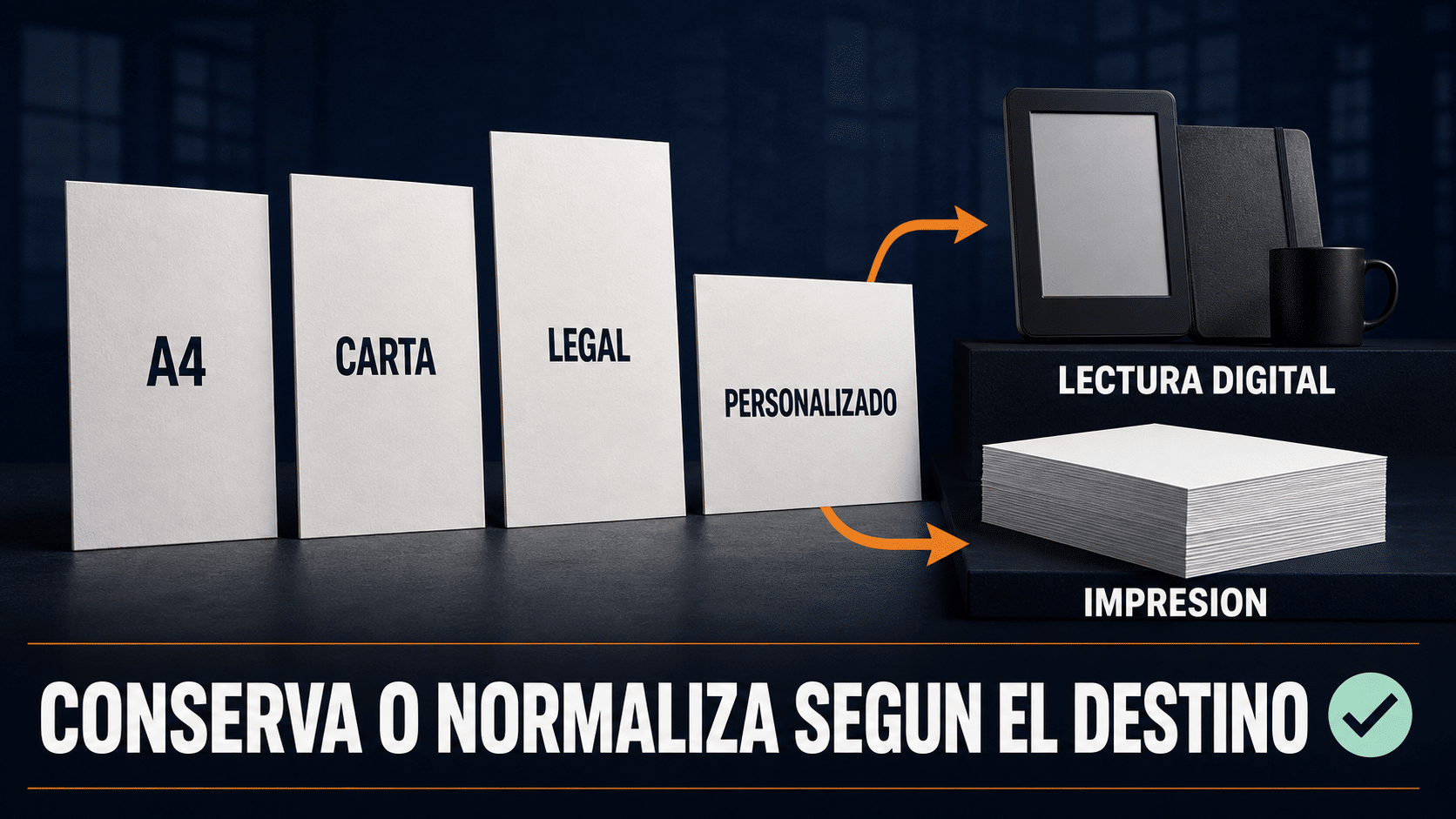 Comparación conceptual de páginas PDF A4, Carta, Legal y tamaño personalizado
