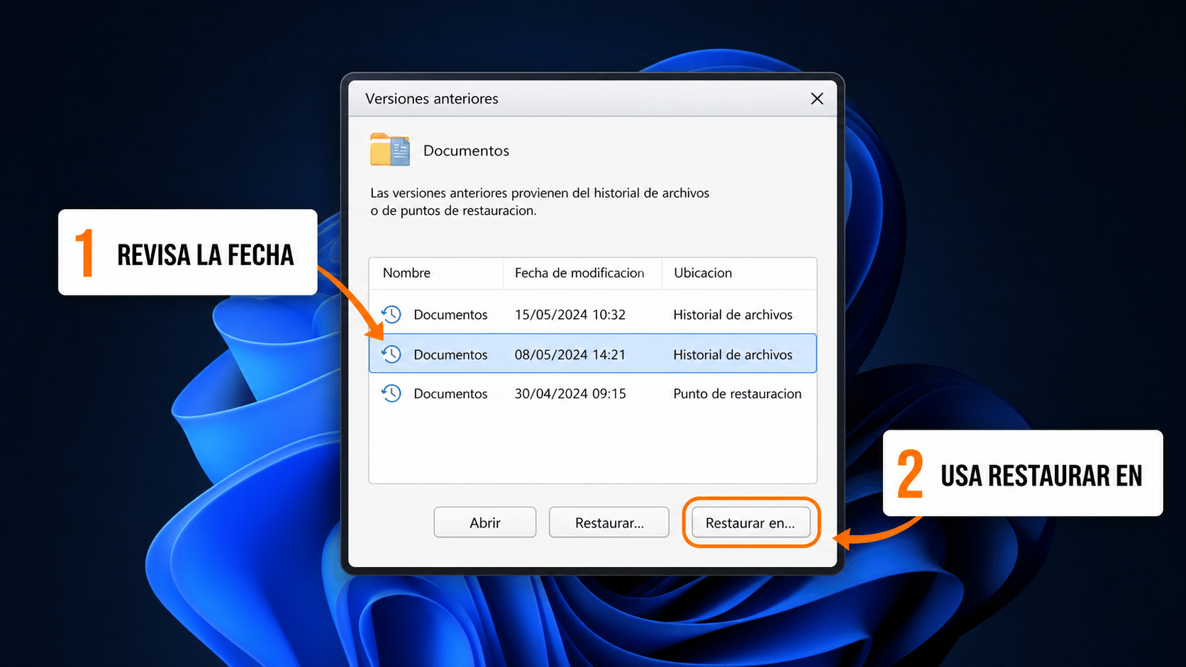 Propiedades de una carpeta de Windows con la pestaña Versiones anteriores abierta
