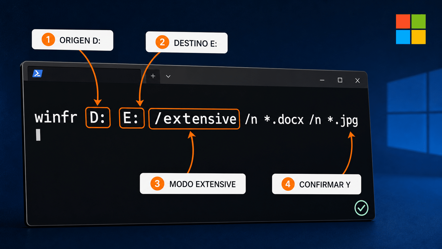 Windows File Recovery en Windows 11 con modo Extensive y unidades de origen y destino separadas