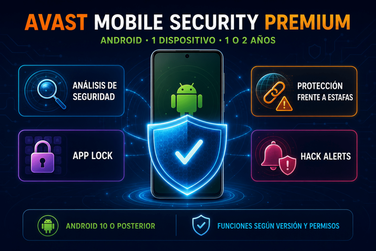 Avast Mobile Security Premium – Android – 1 Dispositivo – 1 a 2 Años Licencia