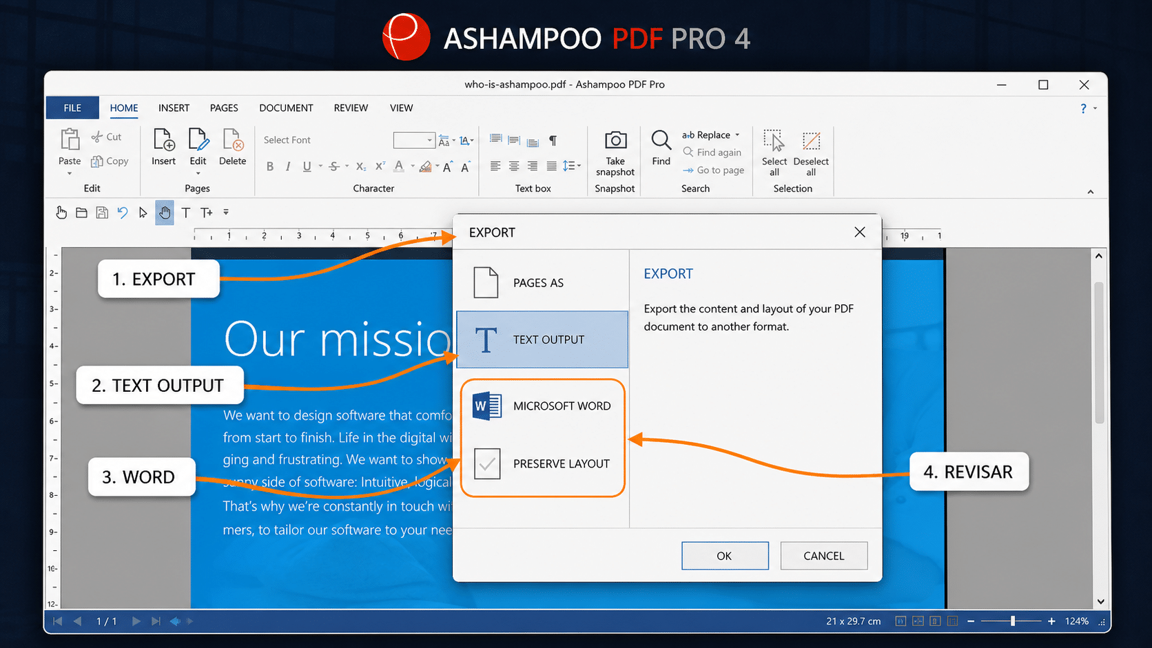 Opciones de exportación de Ashampoo PDF Pro 4 para crear un archivo de Word editable