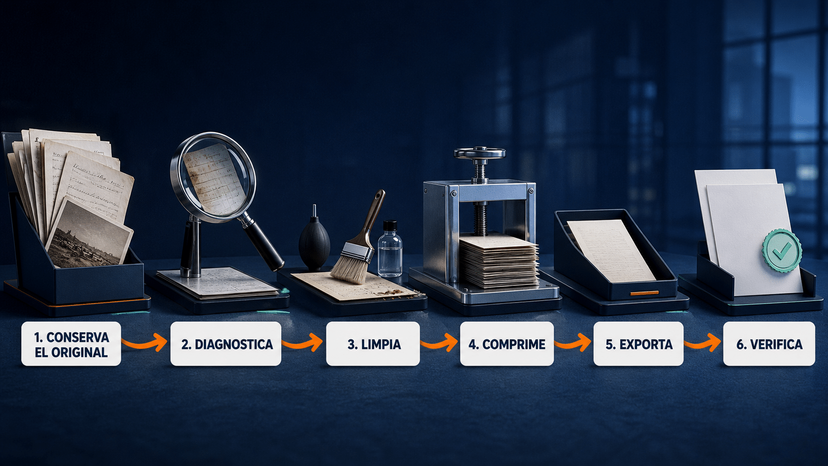 Flujo de optimización de PDF desde el original maestro hasta la copia verificada