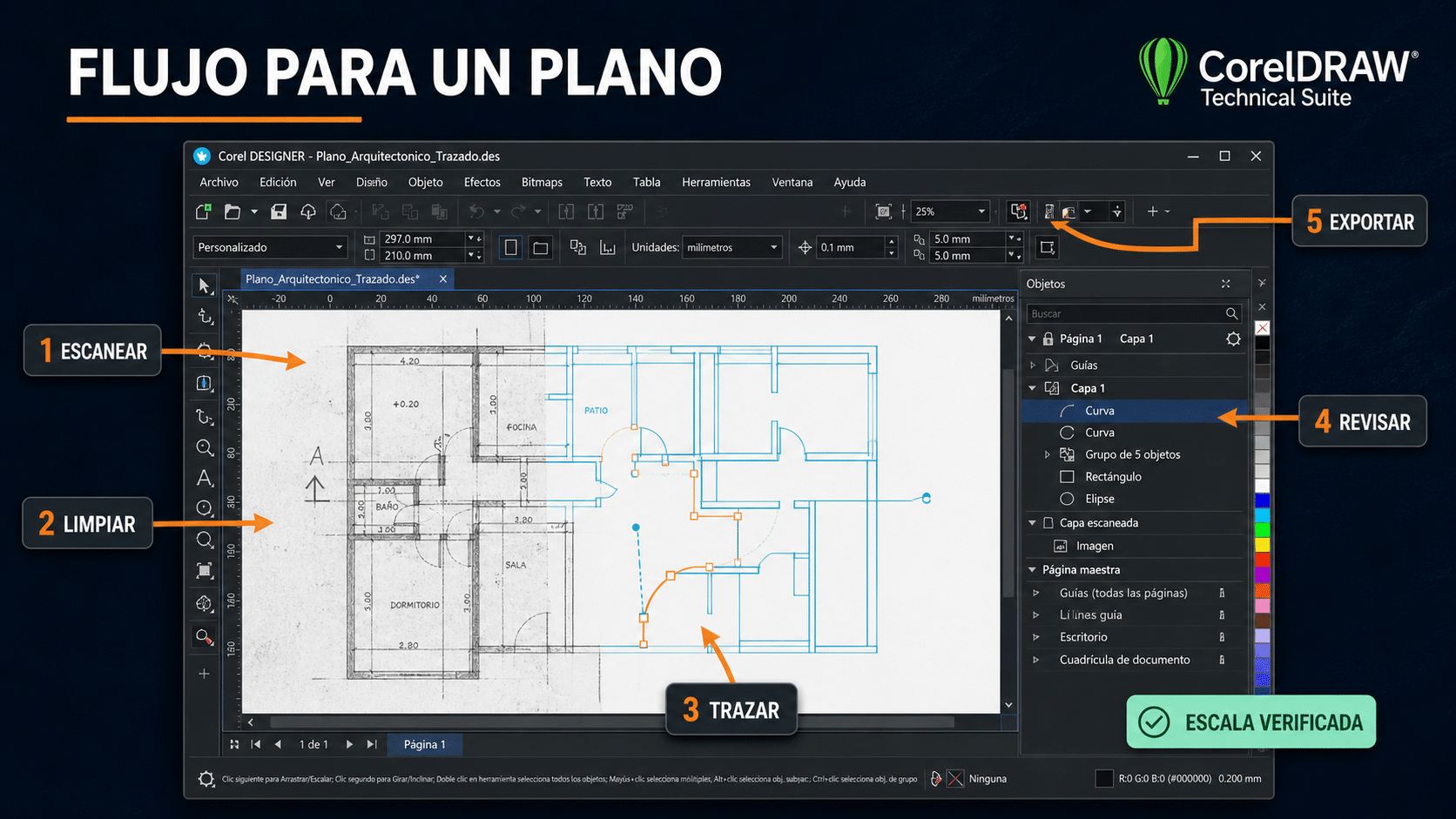 Flujo para vectorizar un plano escaneado con trazado de línea central