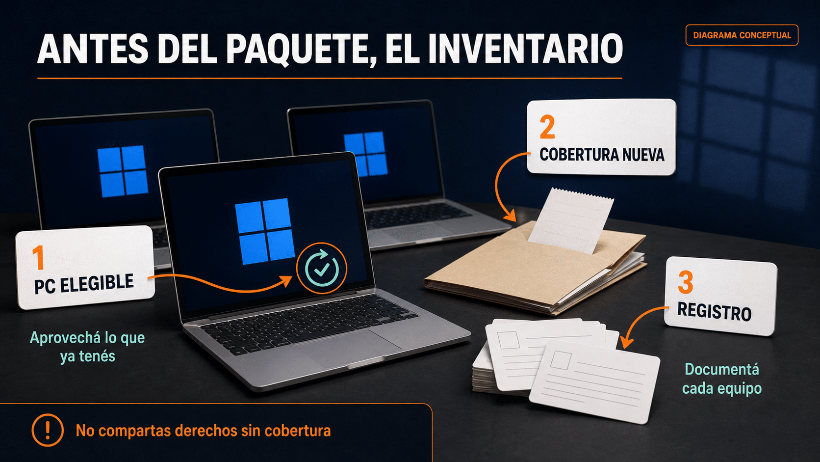 Inventario de licencias por PC antes de comprar paquetes para Windows 11