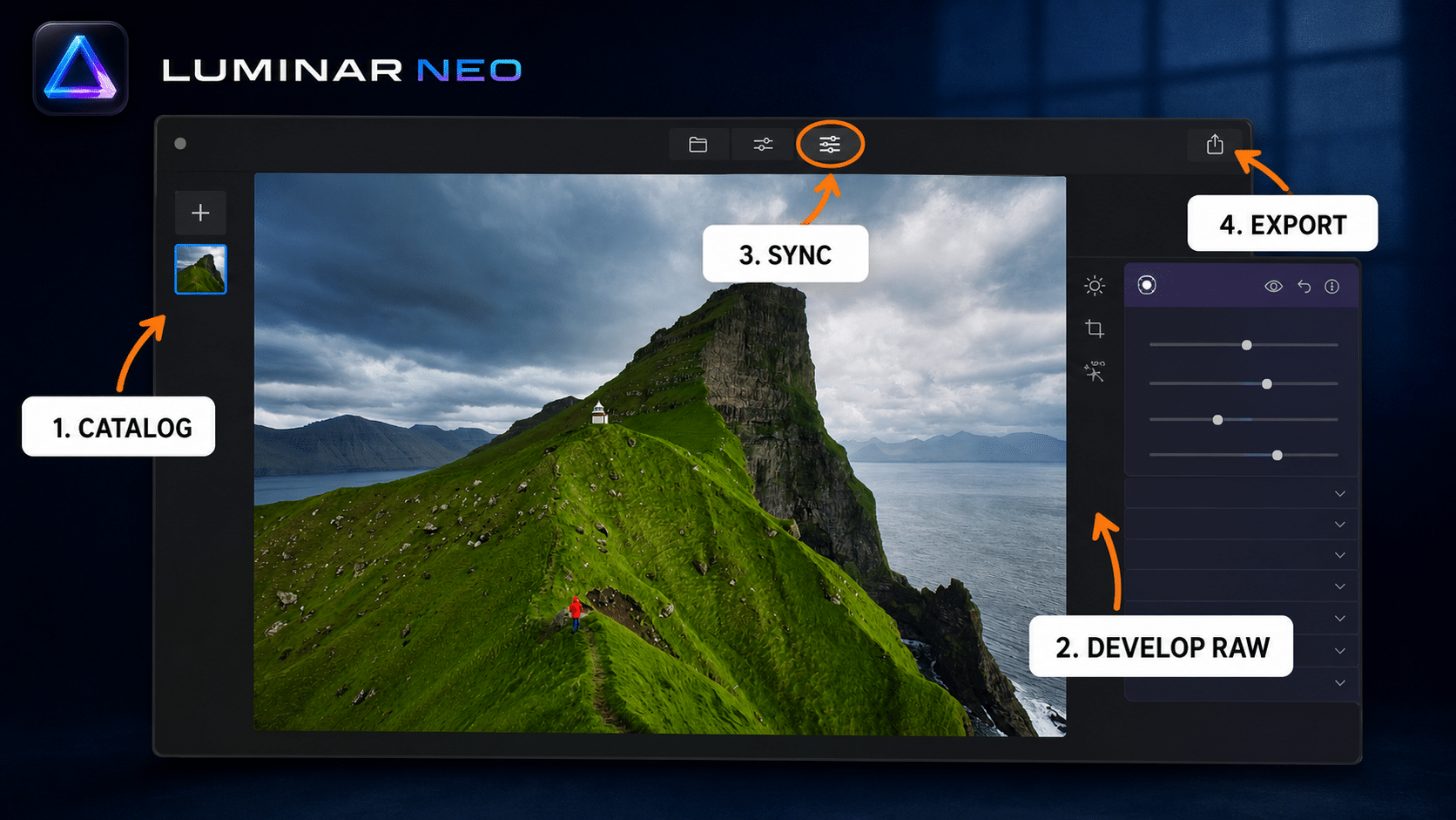 Interfaz de Luminar Neo con Catalog, Develop RAW, sincronización y exportación