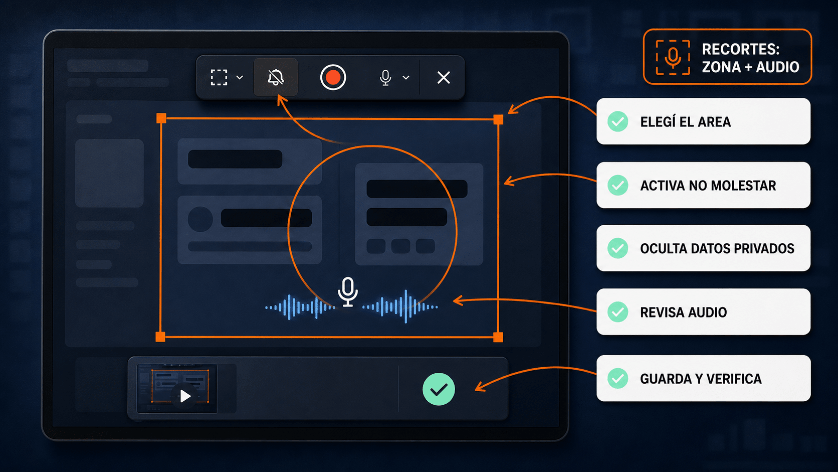 Checklist para elegir el área, proteger datos privados y comprobar audio al grabar con Recortes
