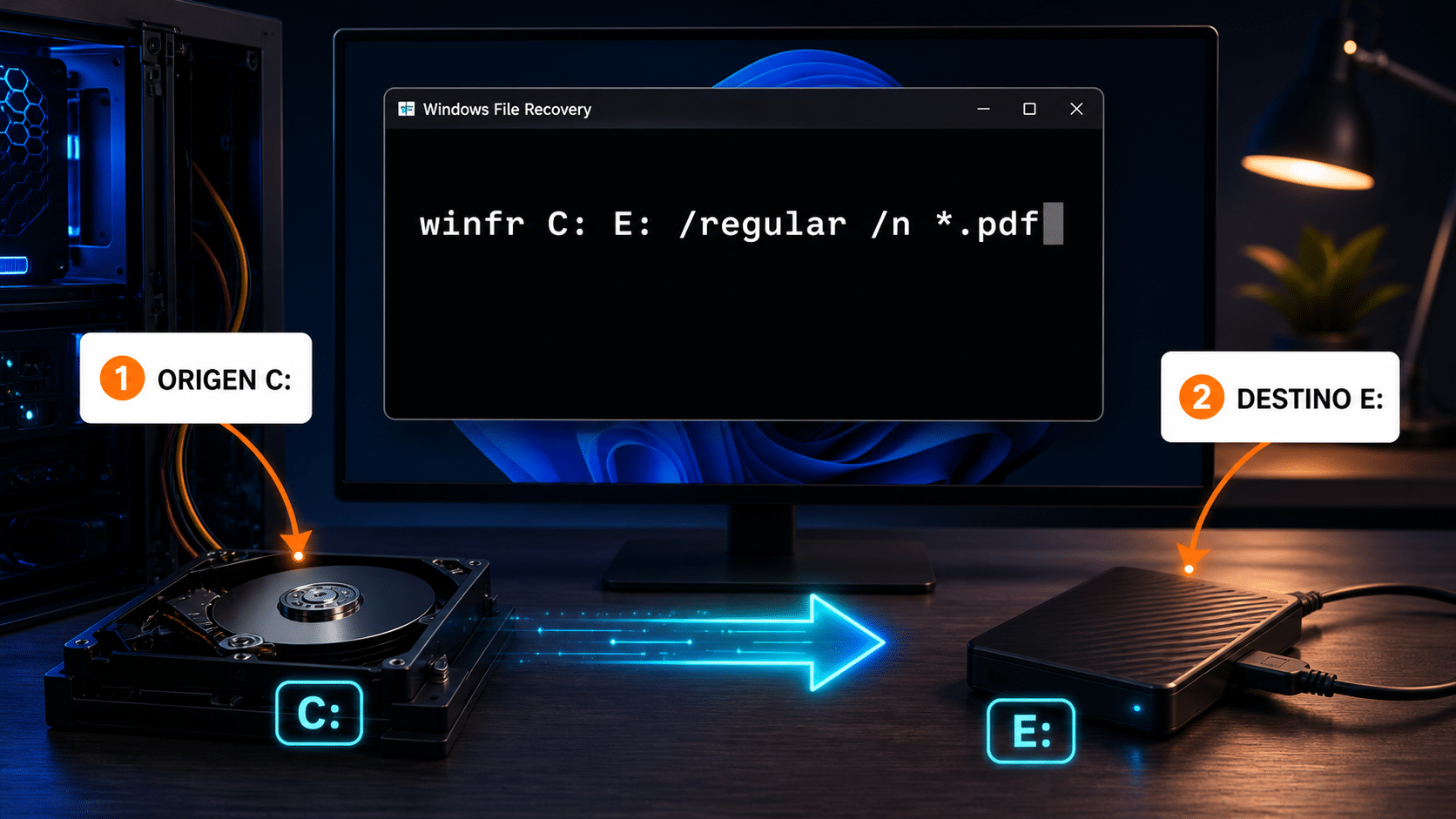 Terminal de Windows con un comando de Windows File Recovery entre una unidad de origen y otra de destino