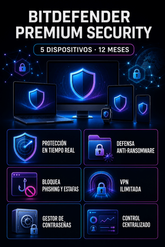 Bitdefender Premium Security – 5 Dispositivos – Licencia Digital 12 Meses