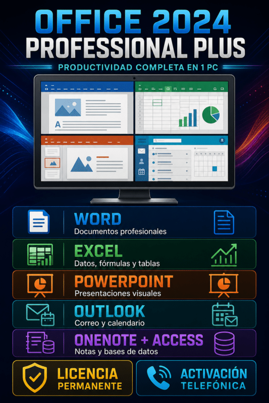 Microsoft Office 2024 Professional Plus – 1 PC – Activación Telefónica