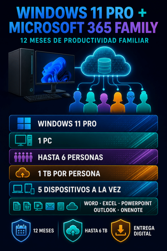 Combo Windows 11 Pro + Office 365 Familia  – 1 Pc – 12 Meses