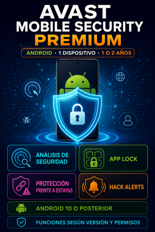 Avast Mobile Security Premium – Android – 1 Dispositivo – 1 a 2 Años Licencia