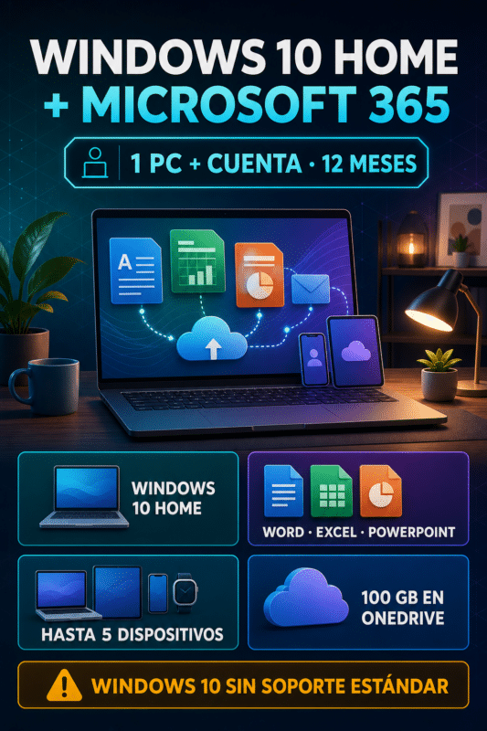 Combo Windows 10 Home + Microsoft 365 Profesional (cuenta) – 12 Meses – Licencia