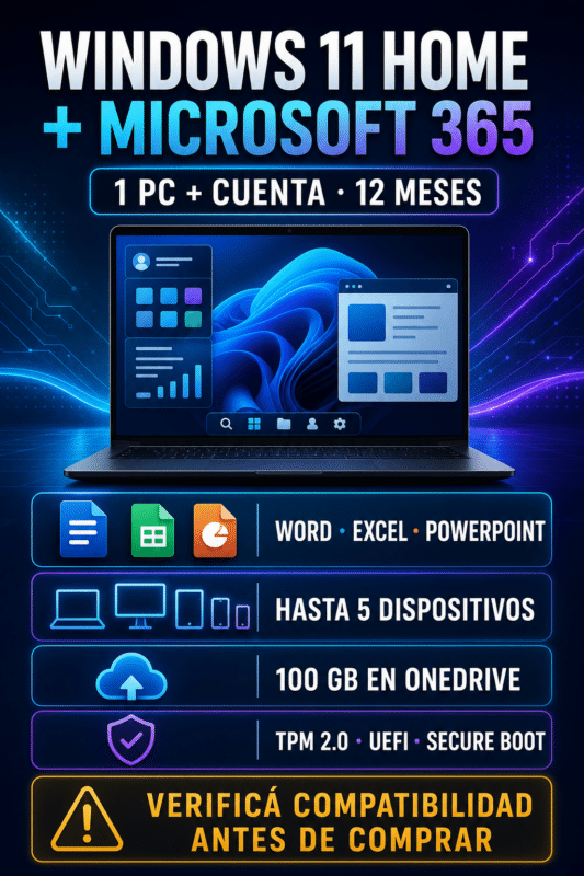 Combo Windows 11 Home + Microsoft 365 Profesional (Cuenta) – 12 Meses  – Licencia