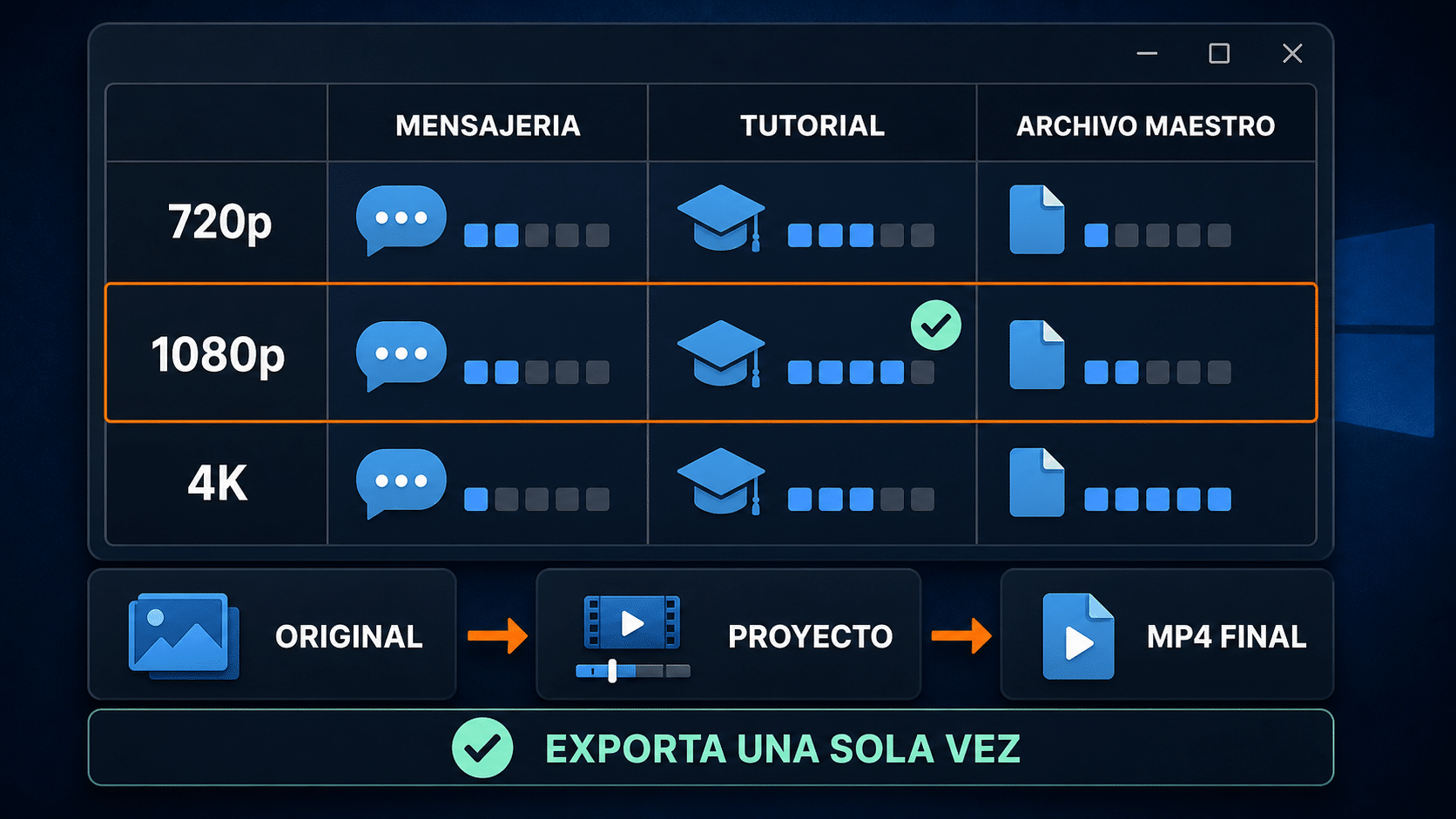 Infografía para elegir resolución, calidad y almacenamiento de una grabación de pantalla