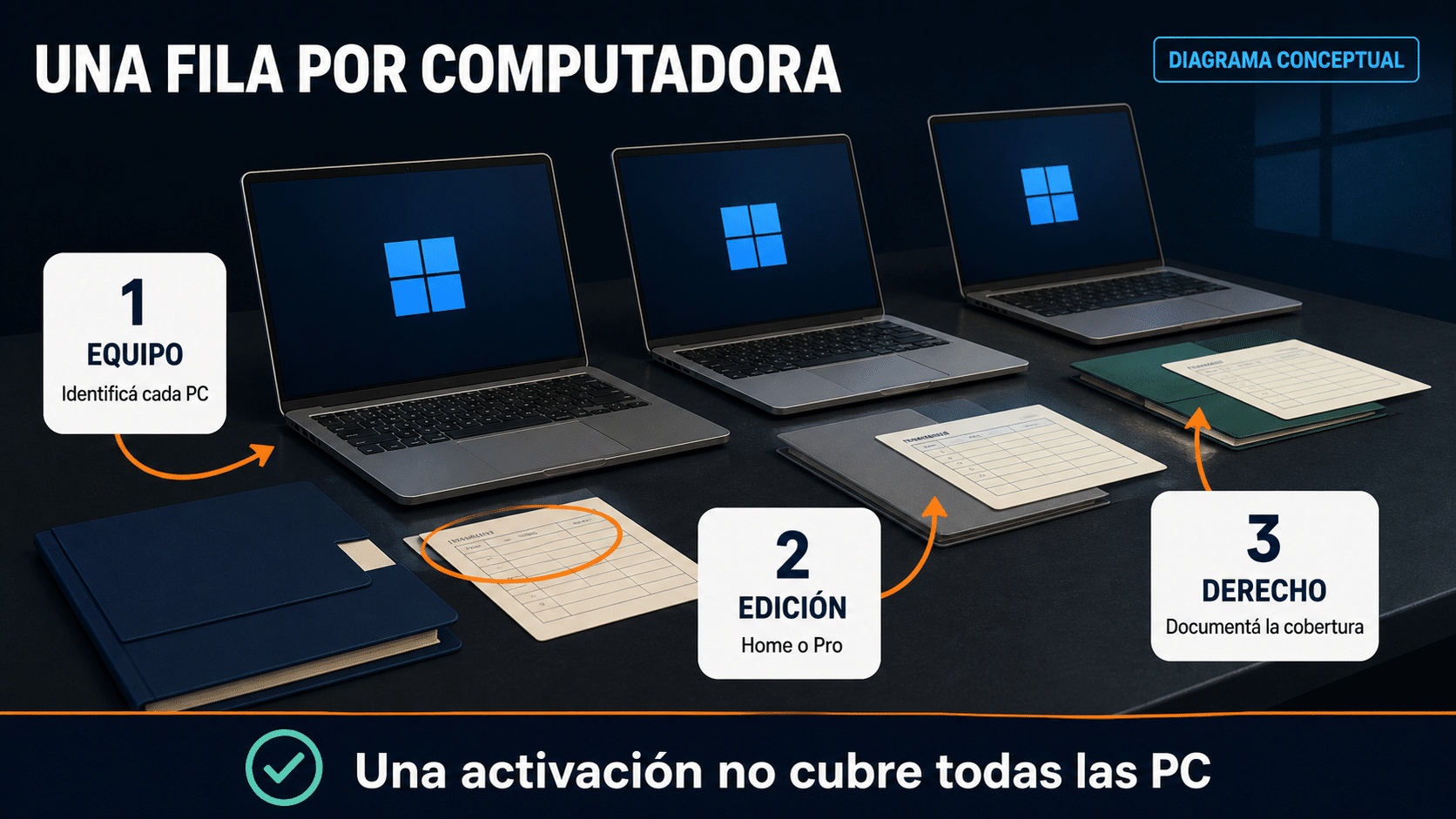 Inventario de licencias con una fila y documentación para cada computadora