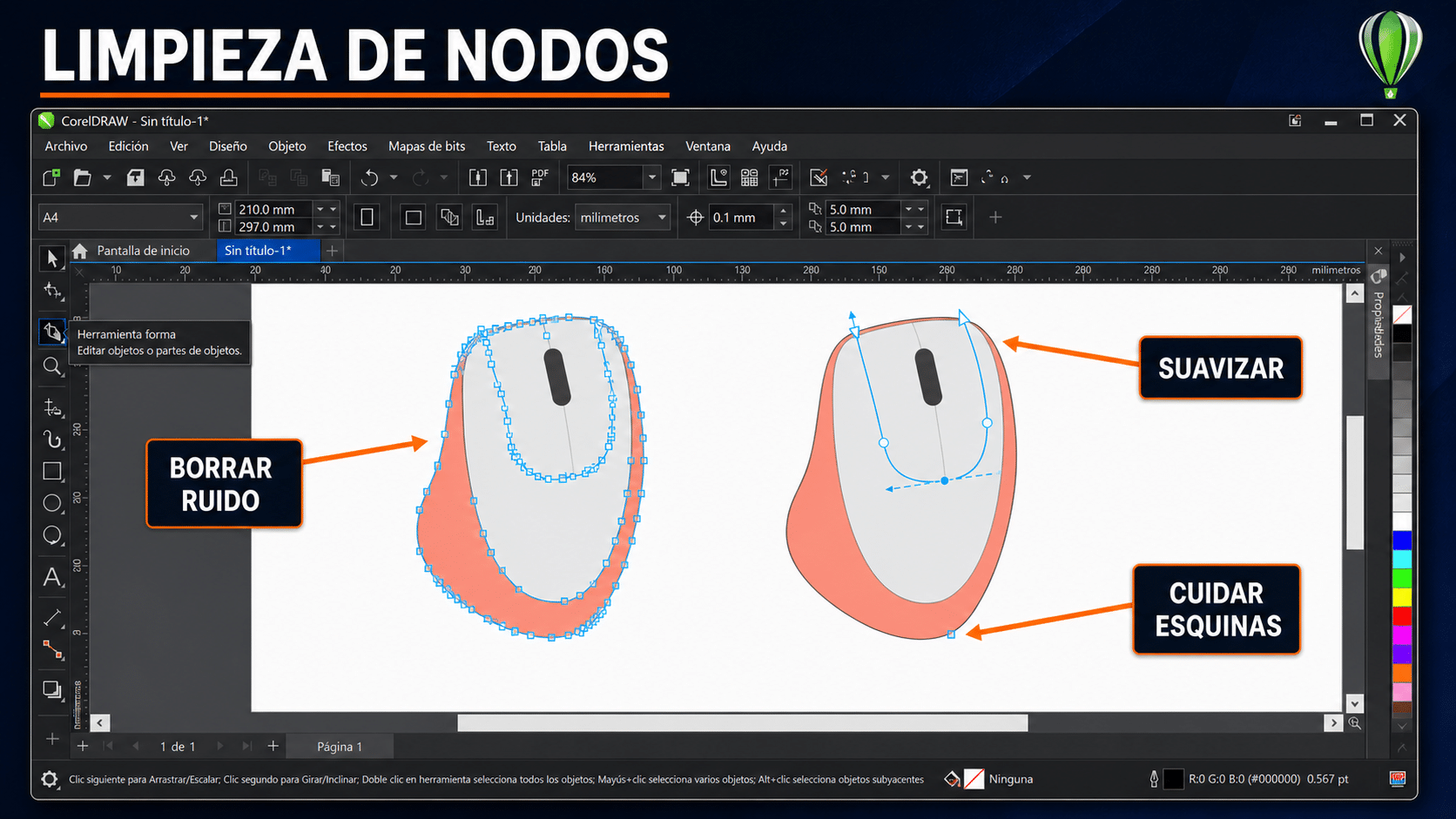 Comparación de demasiados nodos, curva simplificada y esquinas conservadas