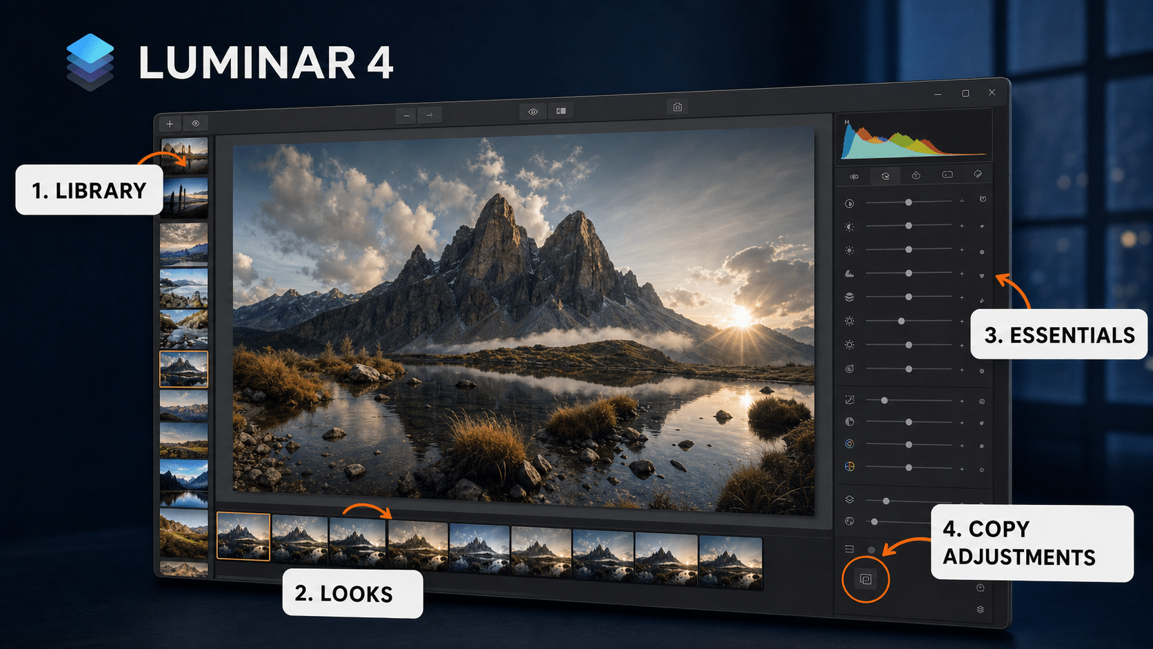 Interfaz de Luminar 4 con Library, Looks, Essentials y copia de ajustes