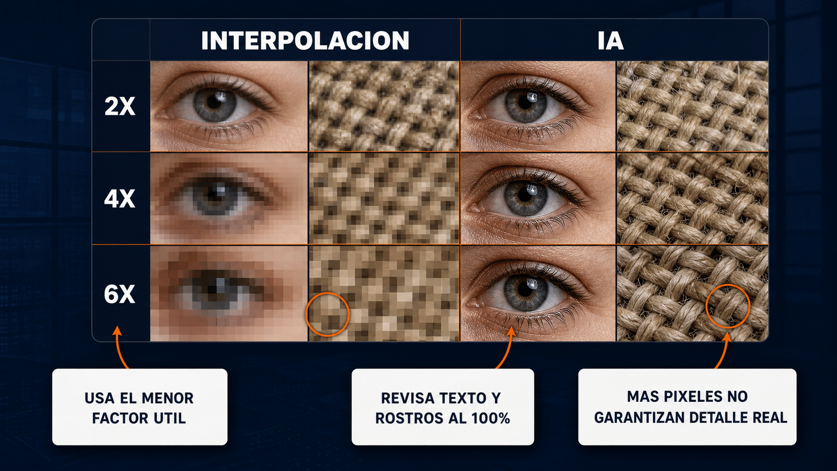 Matriz para elegir interpolación o ampliación por IA en factores 2x, 4x y 6x
