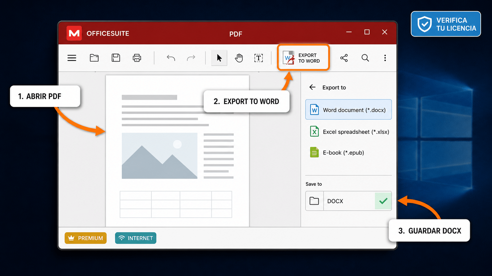 Panel de OfficeSuite para exportar un PDF a Word con opciones de conversión
