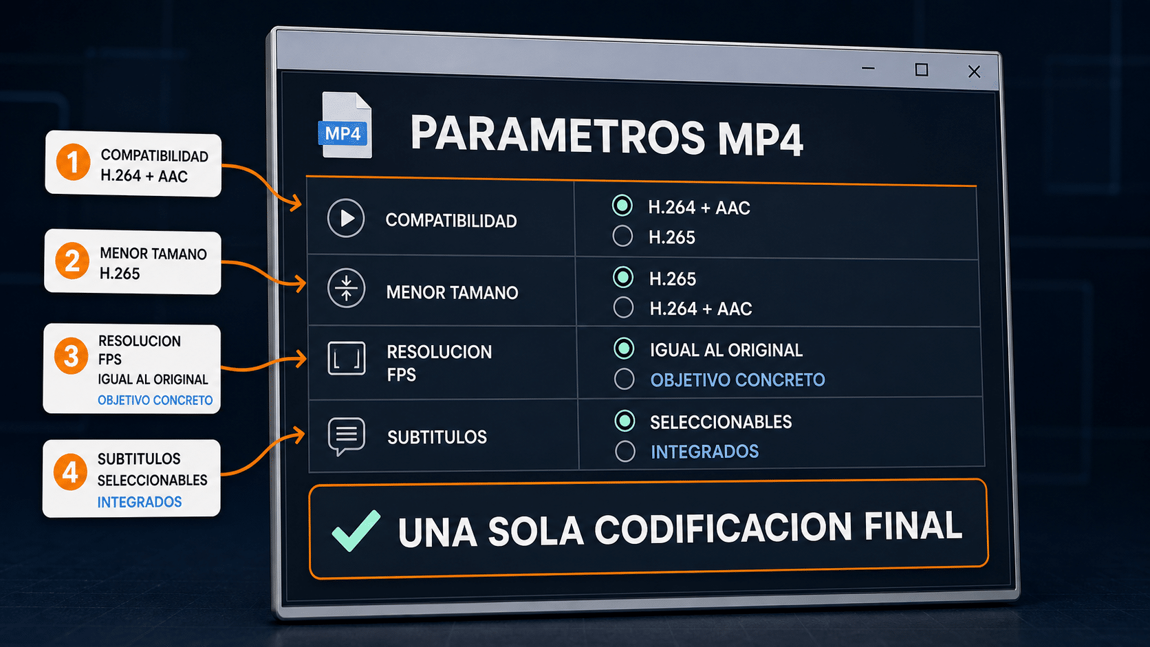 Matriz de parámetros MP4 con H.264, H.265, resolución, FPS, audio y subtítulos