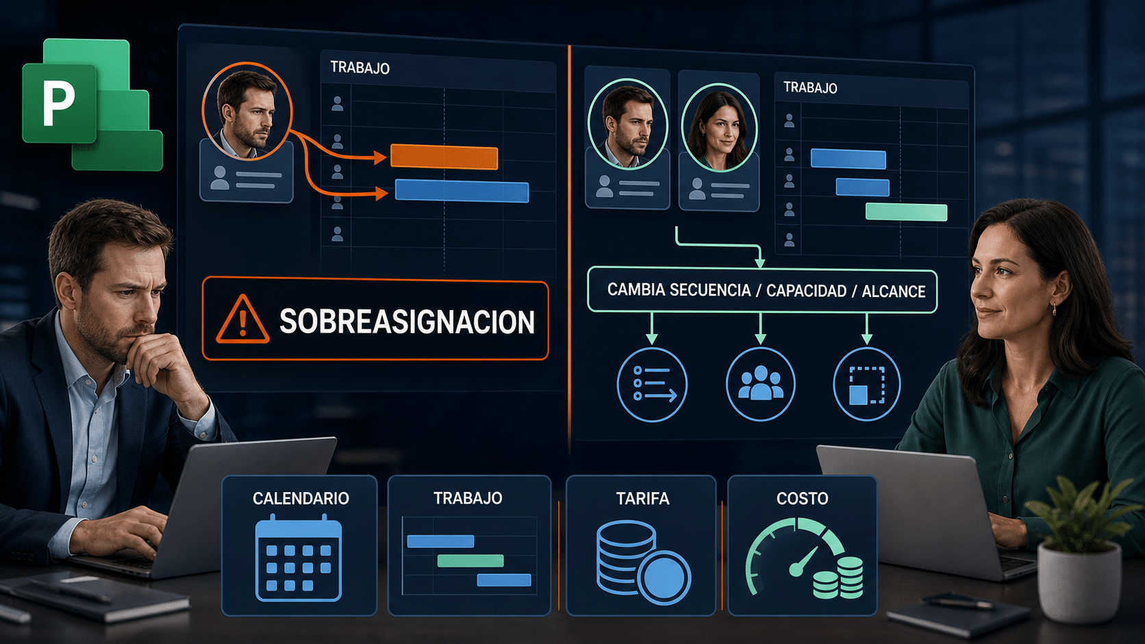Infografía de recursos, disponibilidad, costos y sobreasignación en Microsoft Project