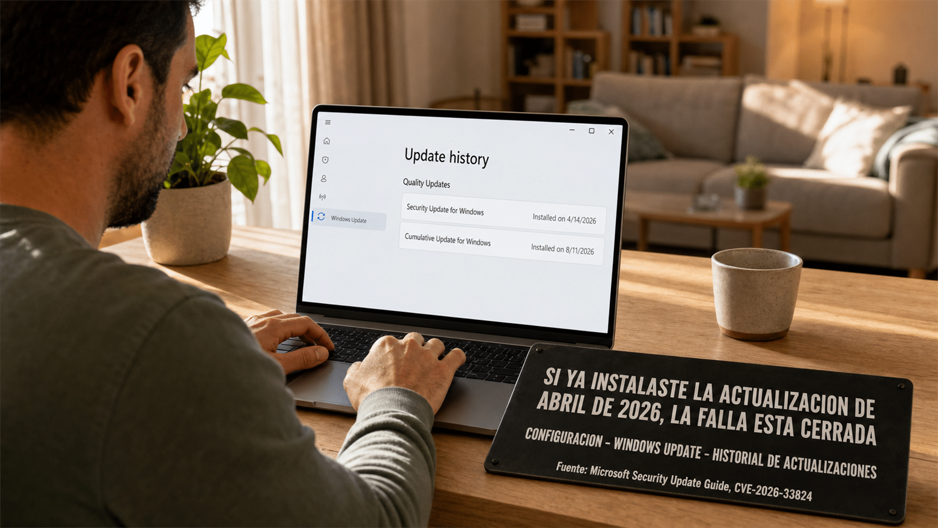 Persona revisando el historial de actualizaciones de Windows en su notebook para confirmar que el parche está instalado