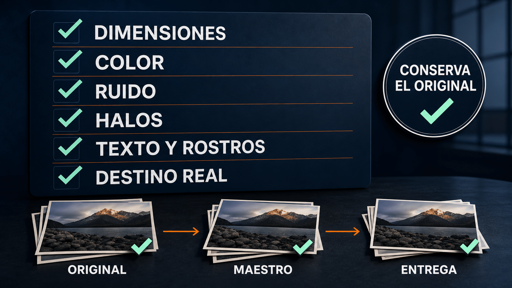 Checklist para revisar dimensiones, color, ruido, halos, texto, rostros y archivo original