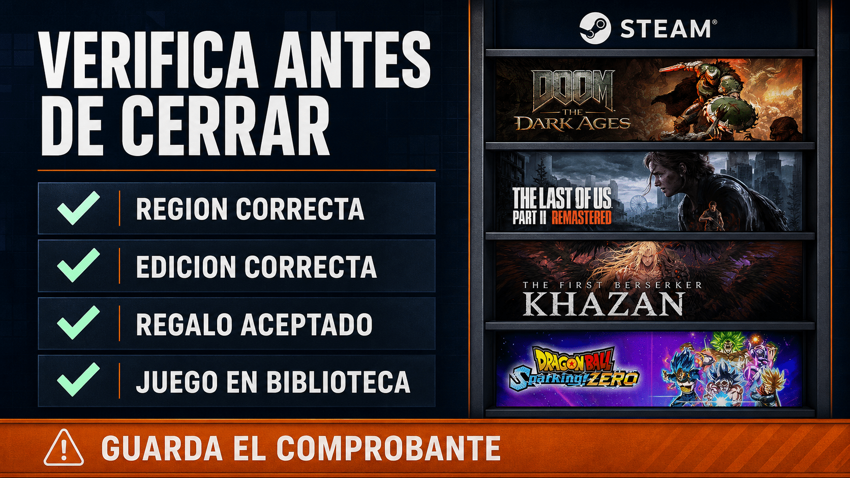 Checklist para verificar región, edición, aceptación y biblioteca de un regalo Steam