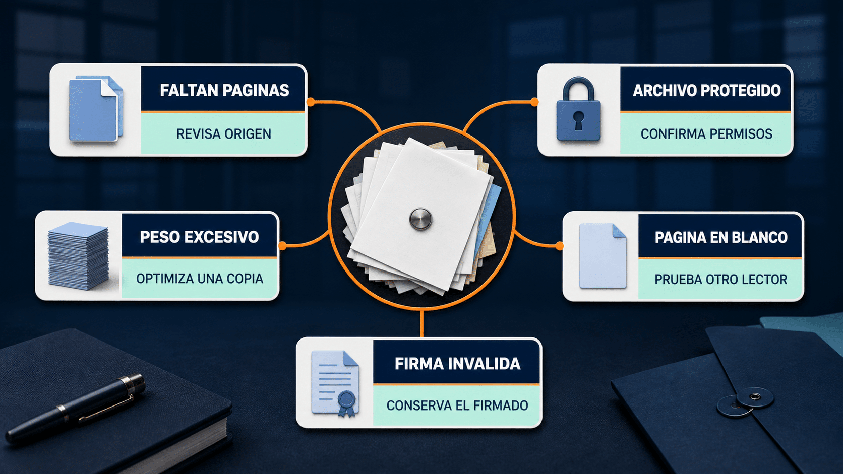 Diagnóstico de fallos al combinar PDF con causas y acciones recomendadas