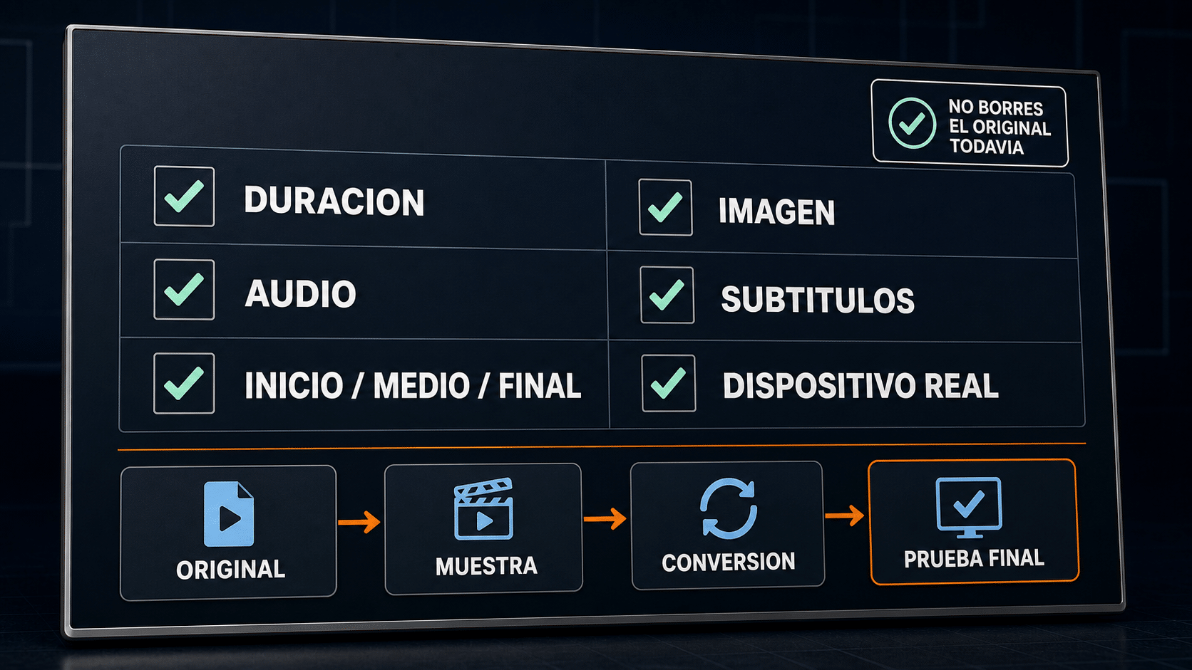 Checklist de verificación de un MP4: duración, imagen, audio, subtítulos y dispositivo final
