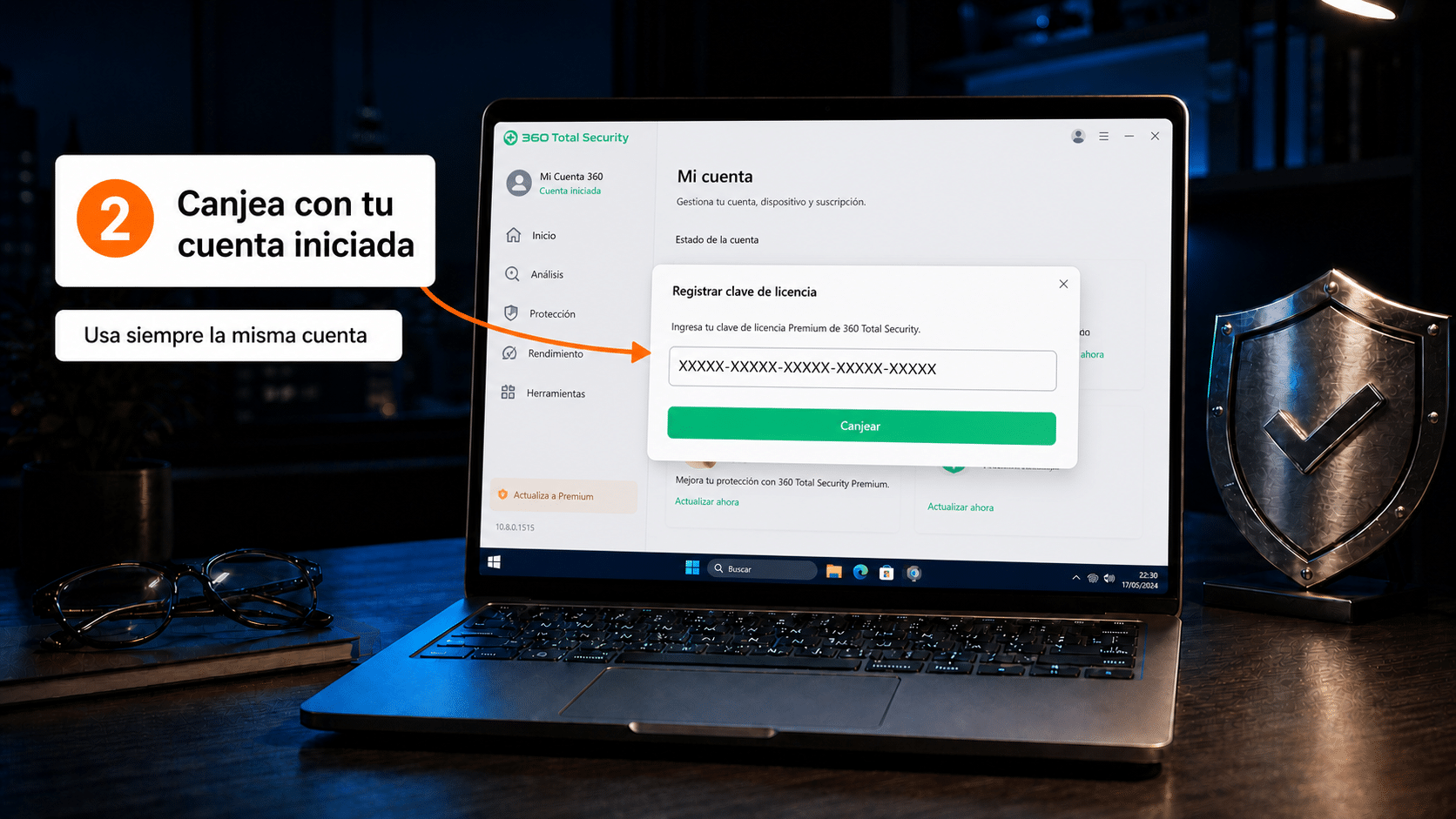 Panel de 360 Total Security con el campo para canjear el código