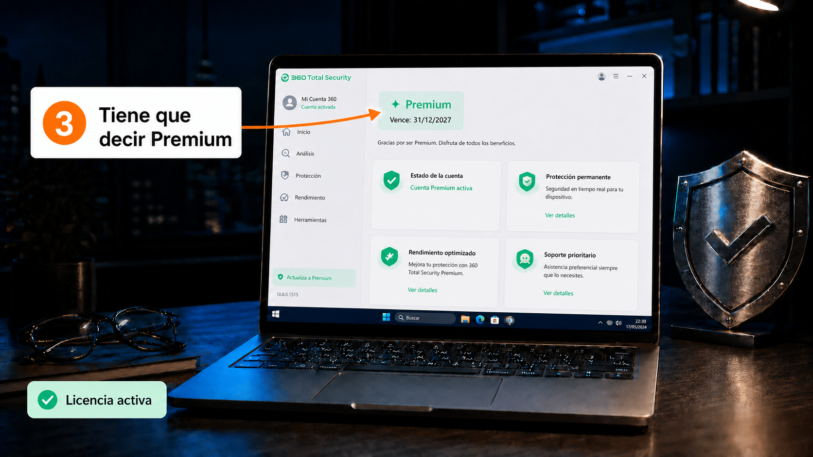 360 Total Security mostrando la etiqueta Premium con la fecha de vencimiento