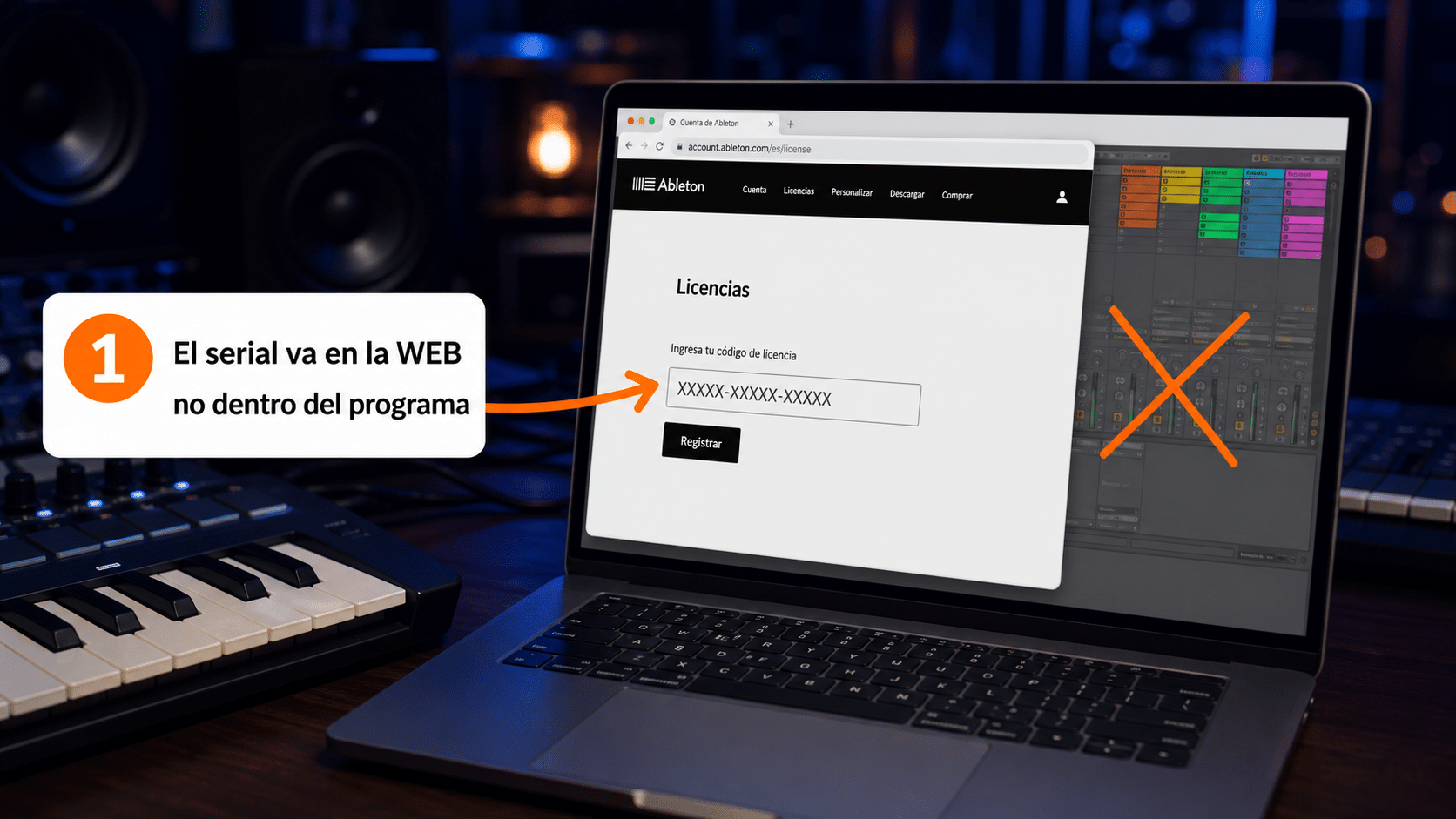 Pestaña Account de la cuenta de Ableton con el campo para registrar el serial