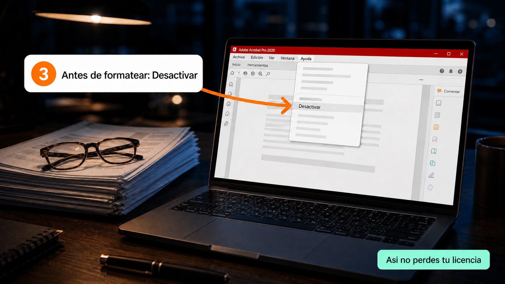 Menú Ayuda de Adobe Acrobat con la opción Desactivar resaltada