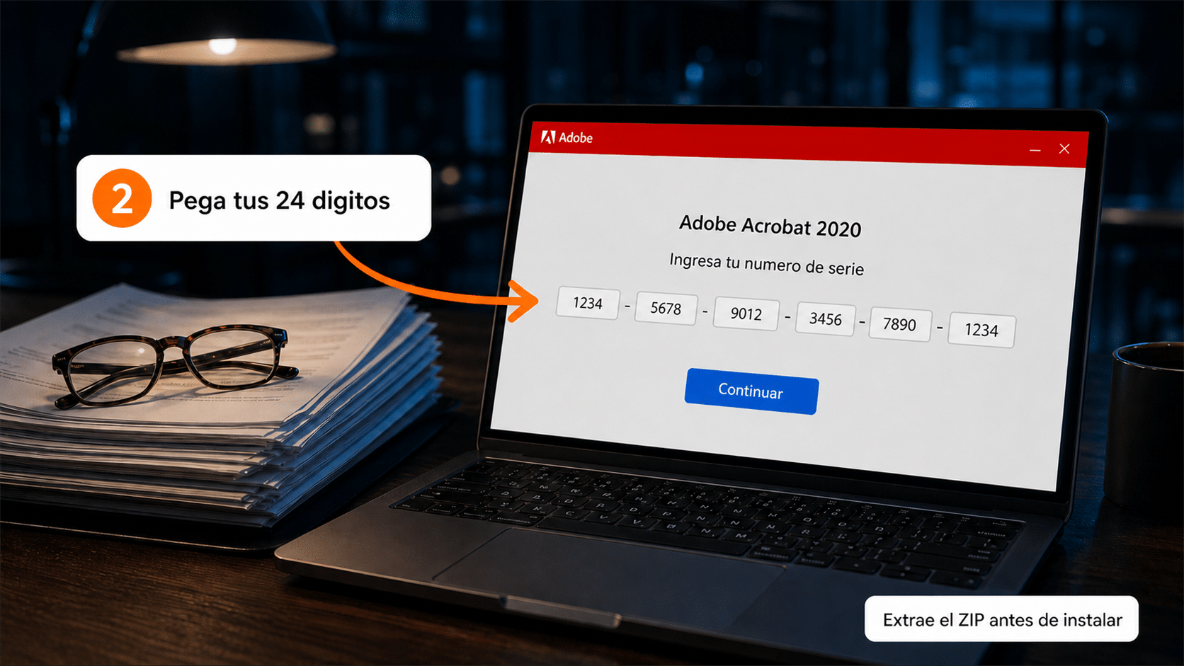 Instalador de Adobe Acrobat pidiendo el número de serie de 24 dígitos