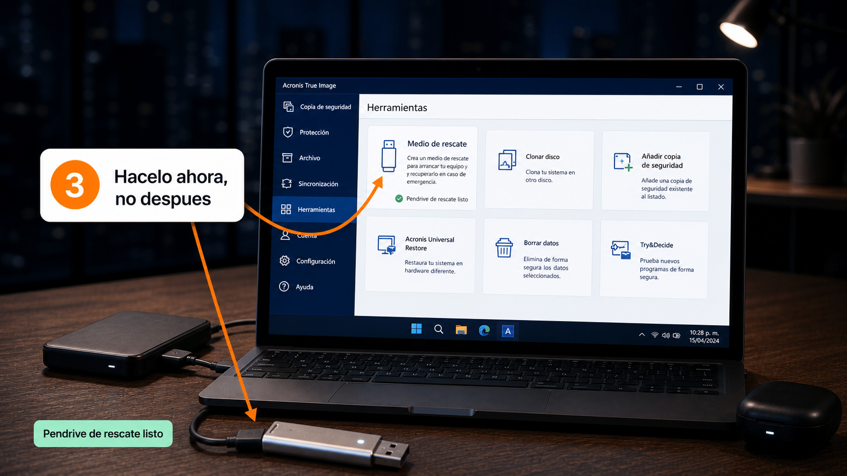 Herramientas de Acronis con la opción Medio de rescate y un pendrive conectado