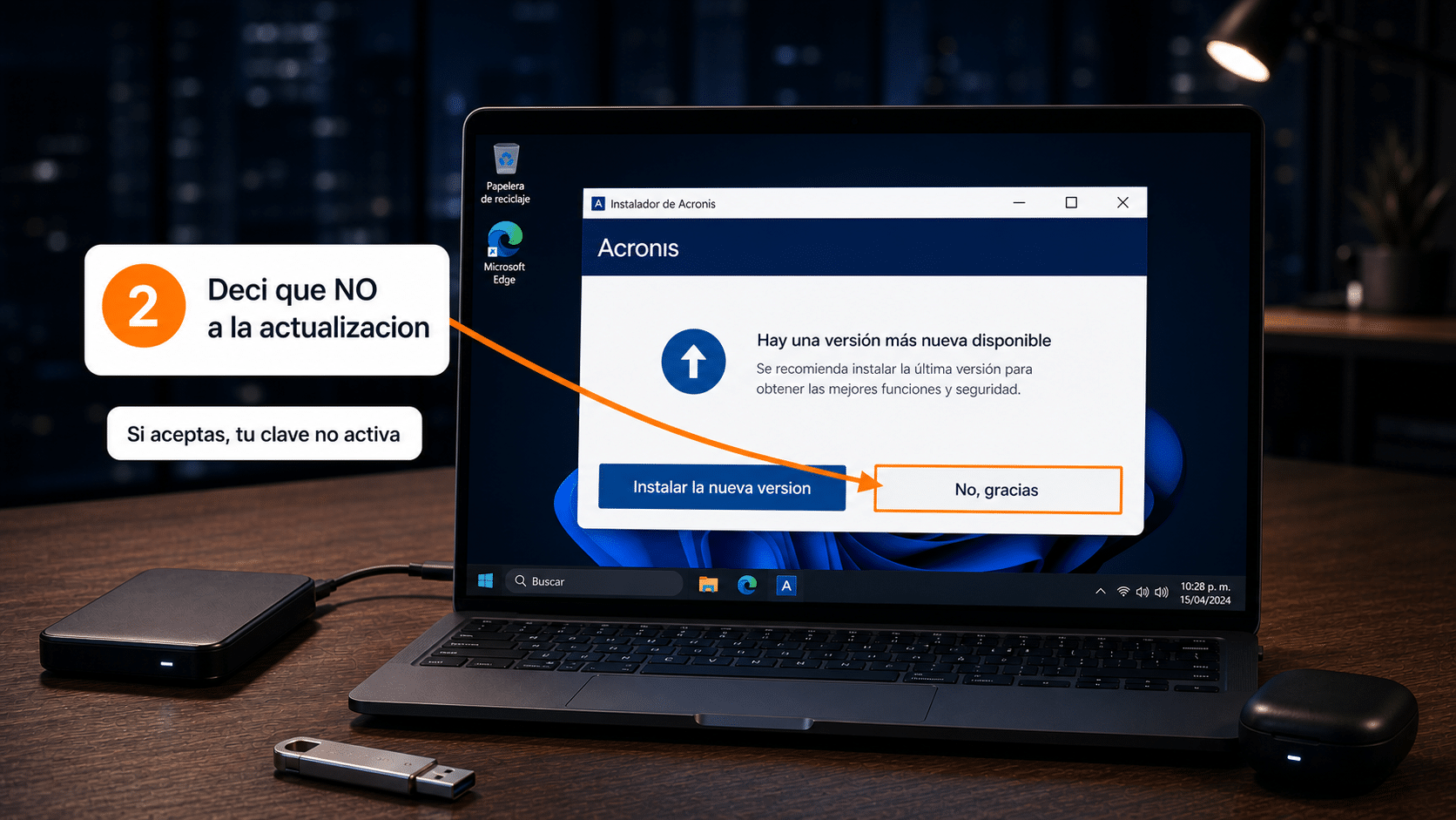 Instalador de Acronis ofreciendo una versión más nueva con la opción No gracias resaltada