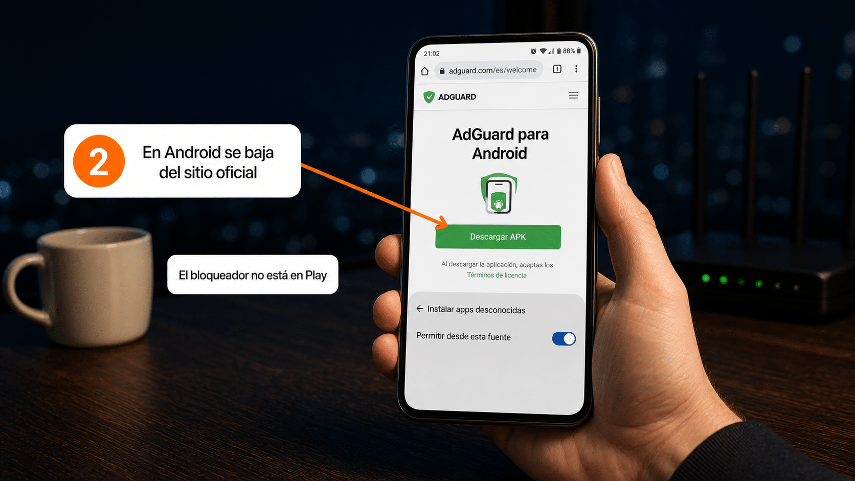 Sitio oficial de AdGuard en Android con la descarga del bloqueador fuera de Google Play