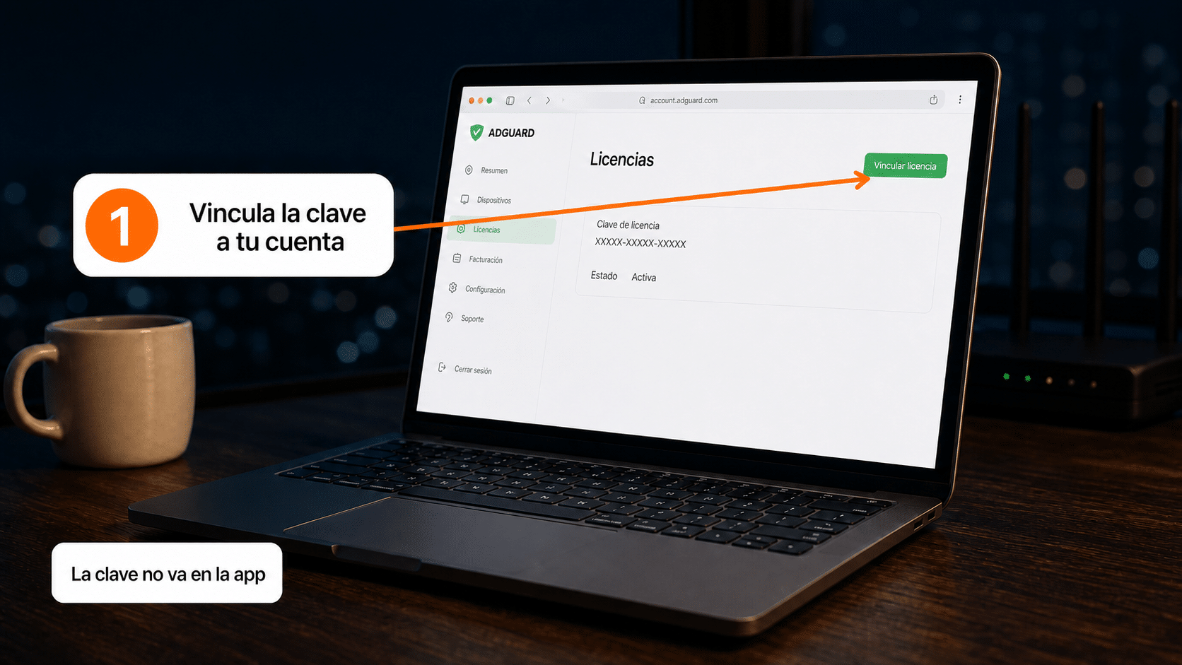 Cuenta de AdGuard en la sección Licencias con el botón Vincular licencia