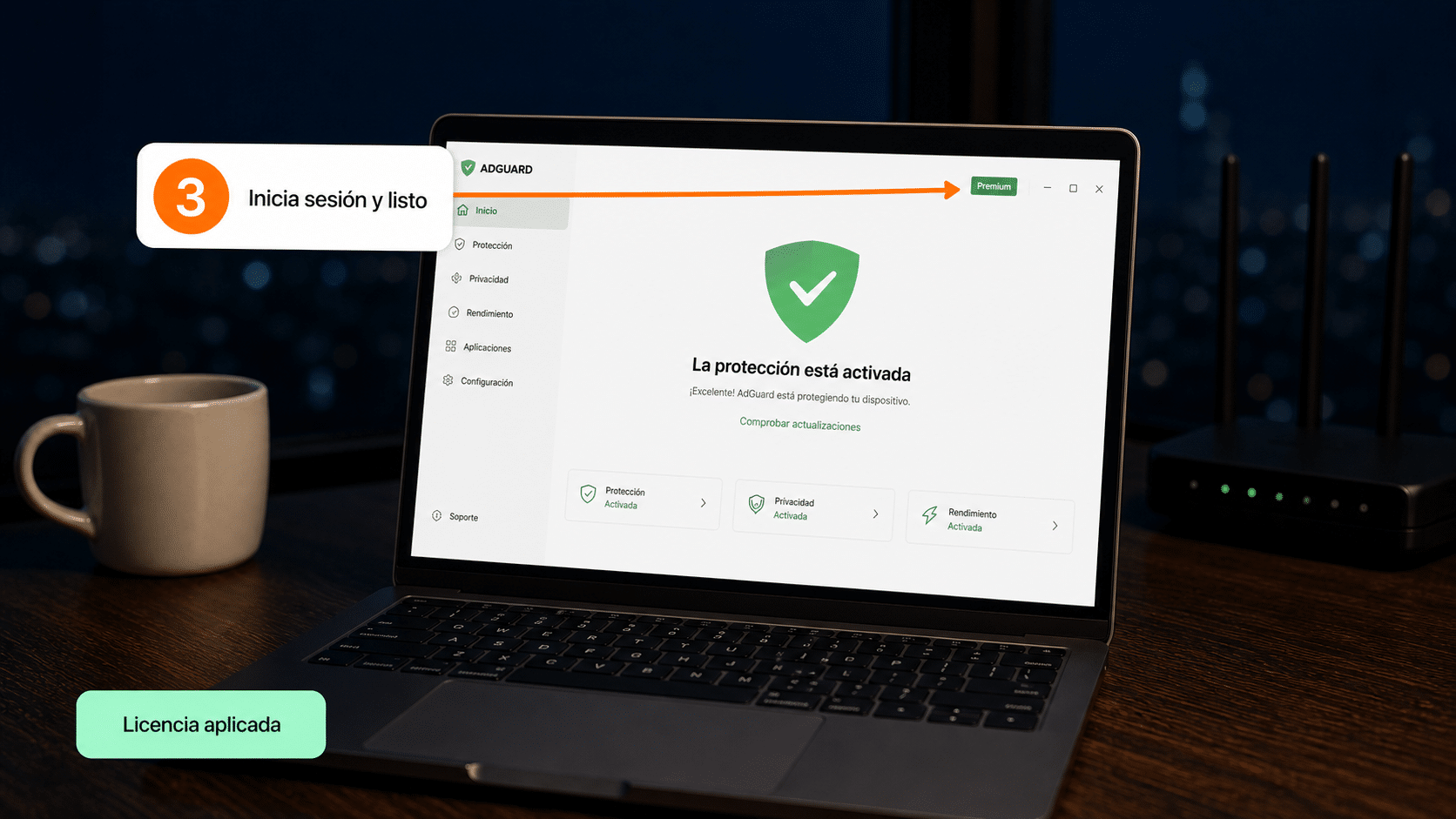 AdGuard de escritorio con la protección activa y la licencia Premium aplicada
